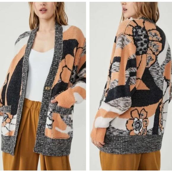 FREE PEOPLE August Cardigan Oversized Peach Petals Floral Sz M {3P42} - Picture 1 of 6